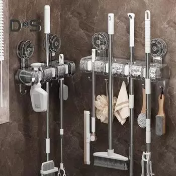 Настенный держатель для швабры, прочный, выдерживающий нагрузку, простой монтаж, нескользящая вешалка для швабры, органайзер для совок для метлы 3 серый/чистый