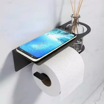 Настенный держатель для туалетной бумаги со столиком для ароматерапии: Стойка для хранения чистящих средств, мобильных телефонов и рулонов бумаги. Aromatherapy Paper Roll Holder чёрный