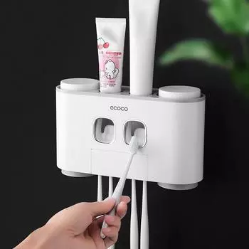 Настенный держатель для зубных щеток ecoco с 2 дозаторами для зубной пасты, 4 чашками и 5 отделениями для зубных щеток White & Grey