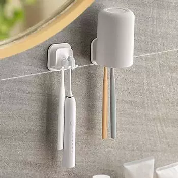 Настенный держатель для зубных щеток и ополаскивателя для полости рта в японском стиле - беспробивное хранение электрических зубных щеток и подставка для слива. OPP Bag белый