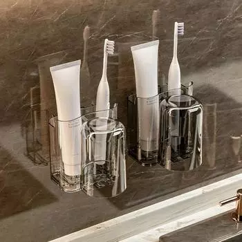 Настенный держатель для зубных щеток Самоклеящаяся полка для хранения зубных щеток с чашкой для полоскания рта Органайзер для ванной комнаты Домашние принадлежности для хранения