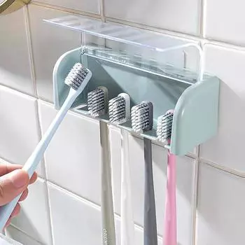 Настенный держатель для зубных щеток в ванной с крышкой на 5 слотов без сверления для домашней ванной комнаты, самоклеящиеся полки для хранения зубных щеток 13.5x5x4.5cm