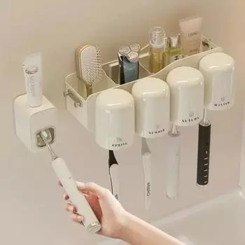 Настенный держатель зубных щеток с чашкой, автоматический дозатор зубной пасты, присоска, стеллаж для хранения в ванной комнате, ящик для семьи