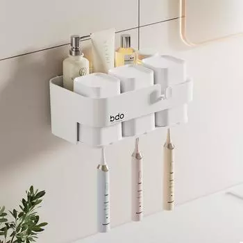 Настенный держатель зубных щеток с чашкой без сверления, белая чашка для ополаскивателя полости рта и электрическая зубная щетка, полка для хранения в ванной