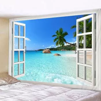 Настенный Гобелен для гостиной, спальни, окна, природный пейзаж, пляж, большое покрытие, украшение, гобелен, фоновая ткань, прикроватная тумбочка 100x75cm