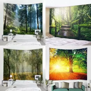 Настенный гобелен в богемном стиле Мандала Искусство Примитивный лес Деревянный мост Печать Большая 100x75cm