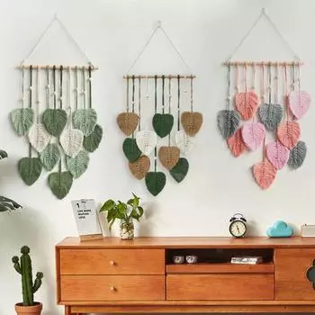 Настенный гобелен в форме листа, плетеный вручную, деревянный декор в стиле бохо, общежитие для дома коричневый