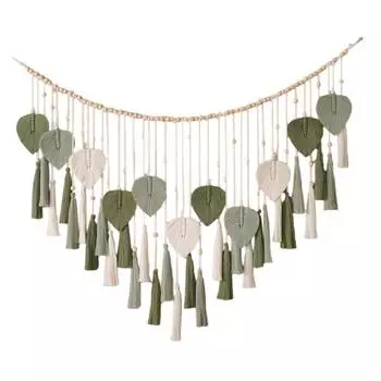 Настенный гобелен в технике макраме Настенный художественный гобелен в технике макраме Ручная работа, гобелен в технике макраме с деревянными бусинами зелёный