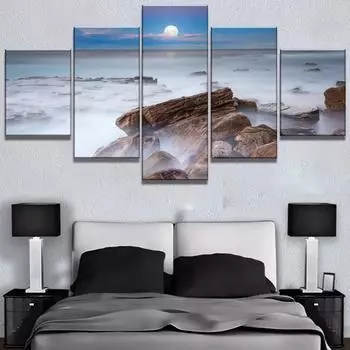 Настенный художественный декор, 5 шт., HD-принт, постер с луной, туманным утесом, современные декоративные картины, холст, настенное искусство, украшения для дома, гостиной, без рамки 20x35cm*2 20x45cm*2 20x55cm*1