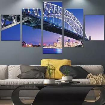 Настенный художественный холст Отпечатки 5 Панели Живопись Сидней Харбор Бридж Картина Настенные росписи Спальня Дом 20x35cm*2 20x45cm*2 20x55cm*1