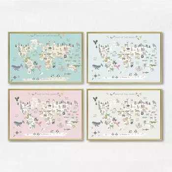 Настенный художественный постер для детской комнаты с принтом карты мира животных, мультяшная картина на холсте для детей, спальни, скандинавские картины, декор для детской комнаты 21x30cm No Frame