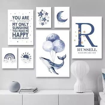 Настенный художественный постер с индивидуальным именем, персонализированная картина на холсте для детской комнаты, настенные картины для детской спальни, принт с китом, радужными звездами, искусство A4 21x30cm No Frame
