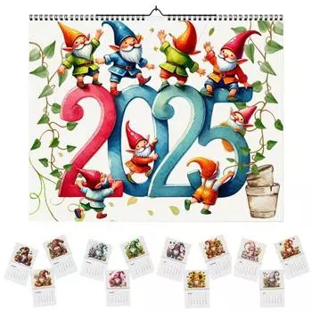 Настенный календарь 2025 Gnome, красочный ежемесячный планировщик с гномами, настенный календарь со спиральным переплетом для домашнего офиса, декор