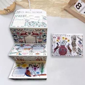 Настенный календарь 2025 года, мини-складной настенный календарь на 12 месяцев, планировщик расписания с иллюстрациями животных и природы для домашнего декора A