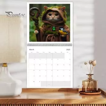 Настенный календарь 2025 года Weird Medieval Quest Cats Настенный календарь на 12 месяцев с изображением мультяшного кота Бумажный планировщик для домашнего офиса Декор синий