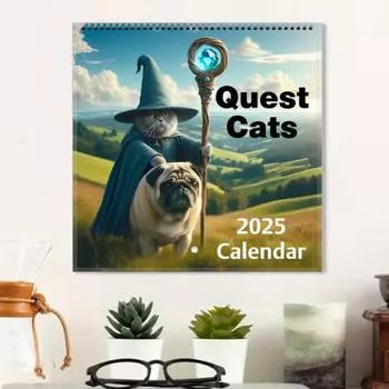 Настенный календарь 2025 года Weird Medieval Quest Cats Настенный календарь на 12 месяцев с изображением мультяшного кота Бумажный планировщик для домашнего офиса Декор синий