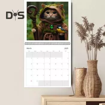 Настенный календарь 2025 года Weird Medieval Quest Cats Настенный календарь на 12 месяцев с изображением мультяшного кота Бумажный планировщик для домашнего офиса Декор синий