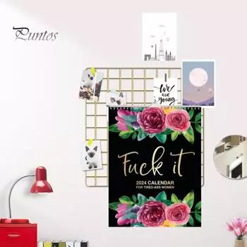 Настенный календарь на 2024 год для уставших женщин, двухпроволочный переплет, плотная бумага, цветок, ругательство, печать, украшение для дома, ежемесячный подвесной календарь для дома Flower