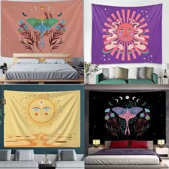 Настенный кулон для комнаты, фон, солнце, бабочка, цветок, карты Таро, психоделическая сцена, домашний художественный гобелен 100x75cm