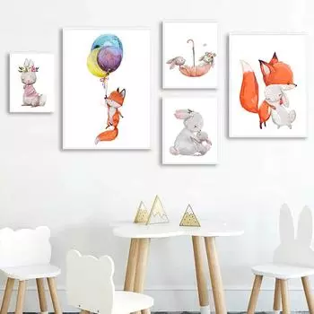 Настенный плакат с принтом для детской комнаты, подарок для маленькой девочки, настенное искусство, кролик, лиса, мультяшное животное, холст, живопись, фотографии, декор для детской спальни 21*30cm
