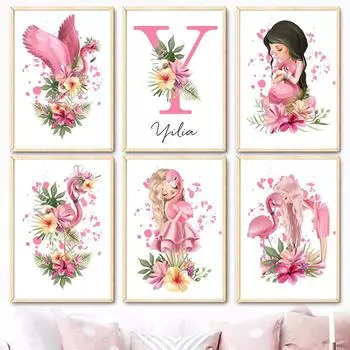 Настенный постер с именем девушки на заказ, персонализированный настенный постер для детской комнаты, розовый цветок, фламинго, холст, картина, украшение для детской спальни, изображение A4 21x30cm No Frame