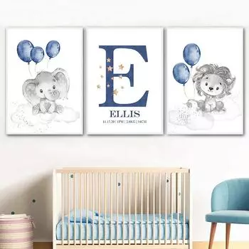 Настенный постер с именем ребенка на заказ, персонализированный настенный постер для мальчика, спальни, холст, картина, принт, синий воздушный шар, украшение в виде животных, изображение для детской комнаты 21x30cm No Frame