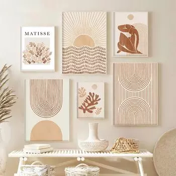 Настенный постер в стиле бохо, абстрактные фигуры, коралловые линии, холст, картина, бежевый, Матисс, настенные художественные принты, скандинавское украшение для гостиной, дома 21x30cm No Frame