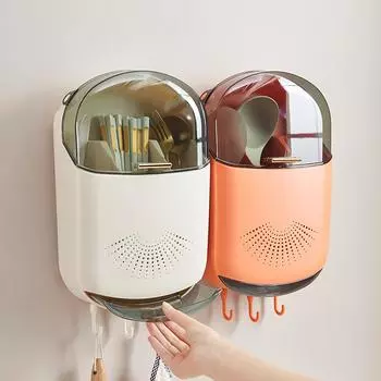 Настенный пылезащитный держатель для палочек для еды, многофункциональный держатель для столовых приборов, кухонный нож, вилка, ложка, контейнер с крышкой для слива бежевый