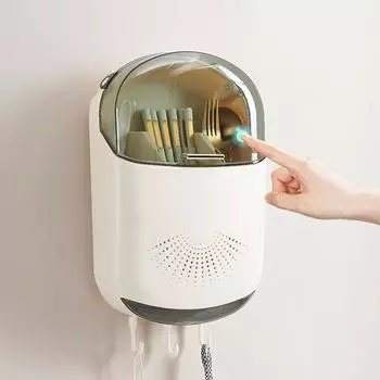 Настенный пылезащитный держатель для палочек для еды, многофункциональный держатель для столовых приборов, кухонный нож, вилка, ложка, контейнер с крышкой для слива бежевый