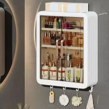Настенный шкаф для ванной комнаты с 2 дверцами, большая вместимость, многослойная конструкция, простая установка, настенный шкаф для хранения туалета с крючками белый