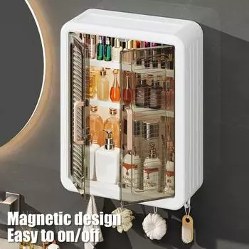 Настенный шкаф для ванной комнаты с 2 дверцами, большая вместимость, многослойная конструкция, простая установка, настенный шкаф для хранения туалета с крючками белый