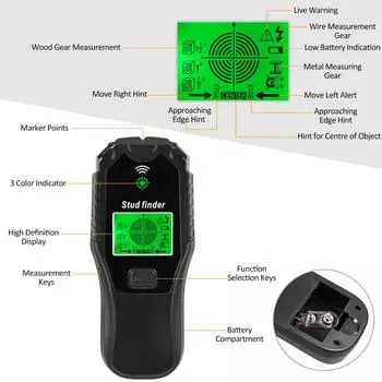 Настенный сканер для поиска стоек 5 в 1, многофункциональный инструмент для поиска стоек с ЖК-дисплеем и звуковой сигнализацией для центра и края металла и дерева жёлтый