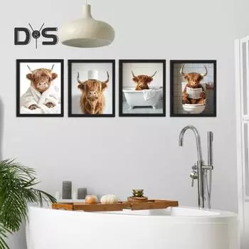 Настенный знак для ванной комнаты с изображением коровы в горной местности, фермерский дом, гостиная, ванная комната, спальня, деревянное настенное искусство с изображением коровы в горной местности, подвесное украшение S D