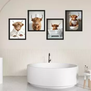 Настенный знак для ванной комнаты с изображением коровы в горной местности, фермерский дом, гостиная, ванная комната, спальня, деревянное настенное искусство с изображением коровы в горной местности, подвесное украшение S C