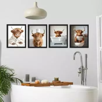 Настенный знак для ванной комнаты с изображением коровы в горной местности, фермерский дом, гостиная, ванная комната, спальня, деревянное настенное искусство с изображением коровы в горной местности, подвесное украшение S B