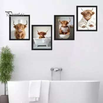 Настенный знак для ванной комнаты с изображением коровы в горной местности, фермерский дом, гостиная, ванная комната, спальня, деревянное настенное искусство с изображением коровы в горной местности, подвесное украшение S B