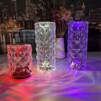 Настольная лампа Diamond Rose LED Crystal с 3/16 цветами, регулируемая яркость, сенсорный USB-проектор, лампа для спальни, прикроватный декор, ночники