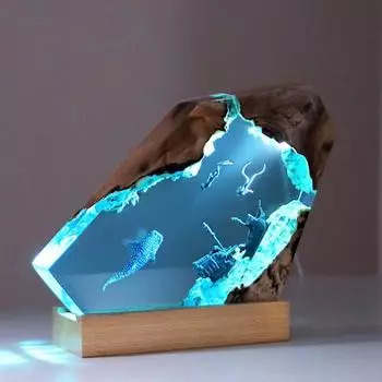 Настольная лампа из смоляного дерева с питанием от USB, ручная работа, глубоководная пещера дайвера, затонувшее судно, акула, кит, океанское искусство, настольная лампа, статуэтка, украшение для дома и офиса