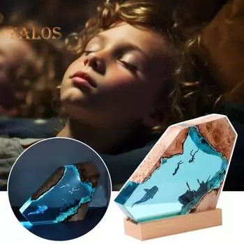 Настольная лампа из смоляного дерева с питанием от USB, ручная работа, глубоководная пещера дайвера, затонувшее судно, акула, кит, океанское искусство, настольная лампа, статуэтка, украшение для дома и офиса A