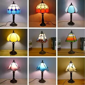 Настольная лампа ручной работы из витражного стекла E27, абажур в стиле ретро, средиземноморский стиль, настольный светильник, прикроватная тумбочка, декоративный светильник E27 No Bulb