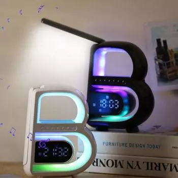 Настольная лампа с Bluetooth-динамиком B-образной формы, беспроводная зарядка с часами, звуковая система, красочное окружающее освещение чёрный