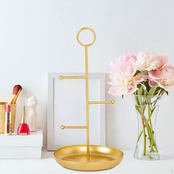 Настольная металлическая стойка для ювелирных изделий 17,5x36 см с круглым подносом многофункциональная для женщин чёрный