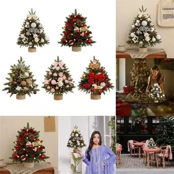 Настольная новогодняя елка, 18-дюймовая настольная новогодняя елка с деревянной основой, предварительно освещенная новогодняя елка с украшениями для помещений One Size кофейный