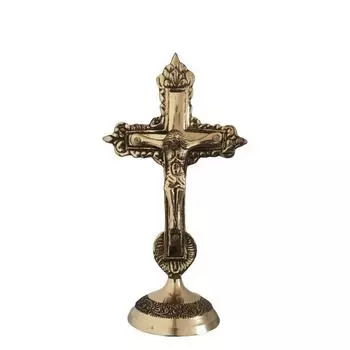 Настольная статуэтка Иисуса Христа из чистой латуни с христианским крестом | Идол на кресте в античной отделке для молитвы | Поклонение, украшение для дома и офиса, золотое (5 дюймов)