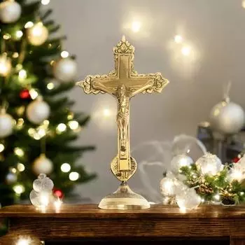Настольная статуэтка Иисуса Христа из чистой латуни с христианским крестом | Идол на кресте в античной отделке для молитвы | Поклонение, украшение для дома и офиса, золотое (5 дюймов)