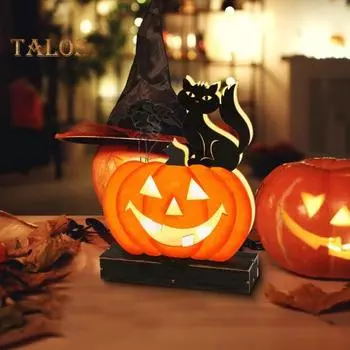 Настольная вывеска в виде тыквы на Хэллоуин с деревянной подставкой, светодиодная подсветка в виде тыквенной головы, черного кота, летучей мыши, украшение для рабочего стола, праздничный орнамент для вечеринки pumpkin
