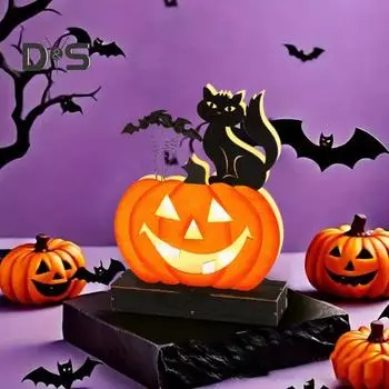 Настольная вывеска в виде тыквы на Хэллоуин с деревянной подставкой, светодиодная подсветка в виде тыквенной головы, черного кота, летучей мыши, украшение для рабочего стола, праздничный орнамент для вечеринки pumpkin