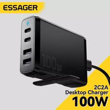 Настольное зарядное устройство Essager 100 Вт GaN 4 в 1 USB C PD, быстрая зарядка типа C QC 4,0 3,0, быстрая зарядка для iPhone, Samsung, MacBook