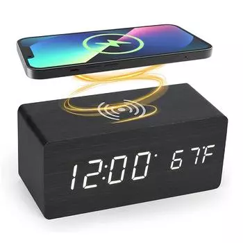 Настольные часы Беспроводное зарядное устройство Зарядные устройства для телефонов Светодиодный дисплей Температура Деревянные настольные цифровые часы Деревянный цифровой будильник Wood color