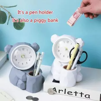 Настольный держатель для карандашей и ручек Многофункциональный будильник Копилка Настольный органайзер Ящик для хранения канцелярских принадлежностей Школьные принадлежности коричневый